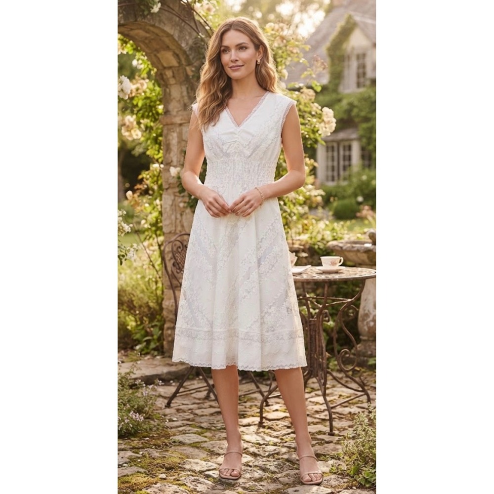 Rabbit Rabbit Rabbit Designs White Lace Smocked Waist Midi Dress NWT Size 10